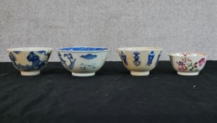 Three 19th century, possibly earlier Chinese blue and white porcelain bowls, each with four