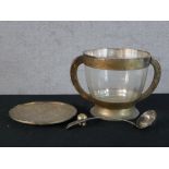 An Art Deco silver plate mounted twin handled glass punch bowl and ladle. H.17 W.38 D.28cm