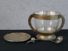 An Art Deco silver plate mounted twin handled glass punch bowl and ladle. H.17 W.38 D.28cm