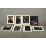 Eight photos unframed coloured and black and white photographs, all mounted and some pencil