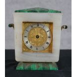 An Art Deco marble and malachite Sewell of London mantle clock, with engraved brass and silvered