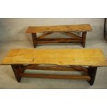 A rustic pair of oak Arts & Crafts style hall benches. H.49 W.159 D.42cm. (each)