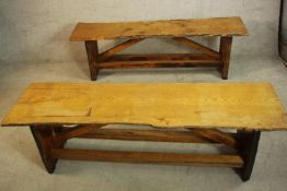 A rustic pair of oak Arts & Crafts style hall benches. H.49 W.159 D.42cm. (each)