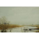 Peter Gill (British, 20th century), flood covered field, framed and signed watercolour on paper. H.