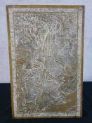 A late 19th century embossed brass rectangular plaque depicting St. George slaying the Dragon,