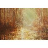 Unknown artist. Oil on canvas showing an avenue of trees against a sunset. Signed indistinctly to