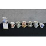 Five assorted Wedgwood commemorative porcelain mugs to include 200th anniversary of Josiah Wedgwood,