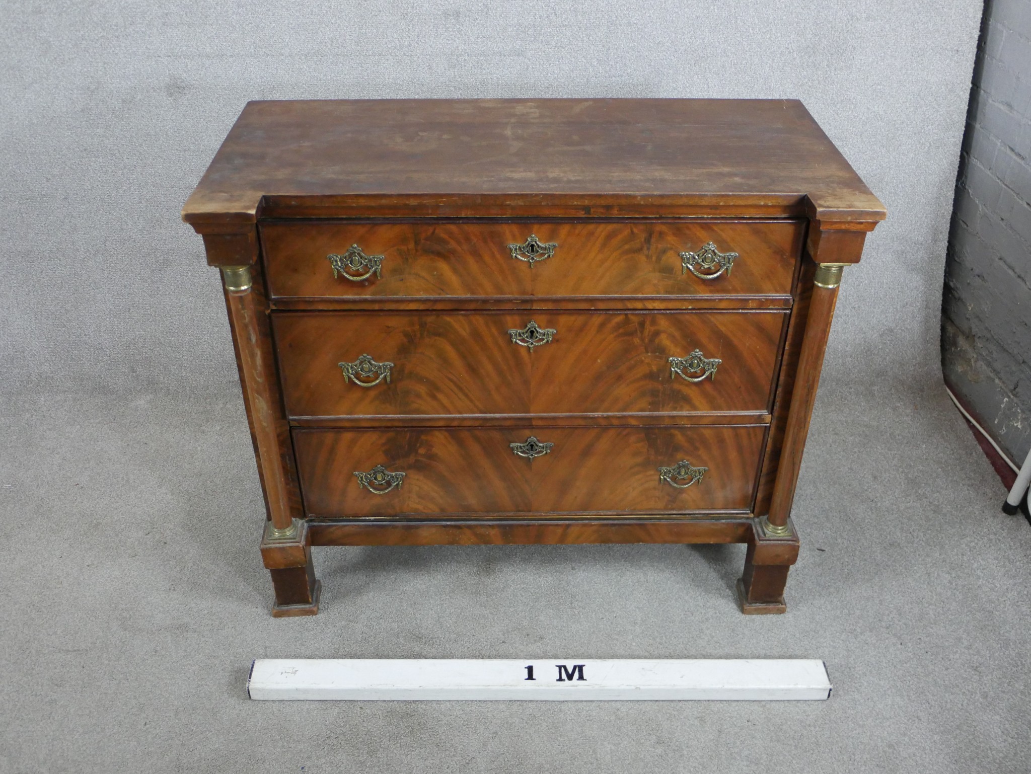 A 19th century mahogany chest of three long drawers, with brass swing handles, turned column - Image 5 of 5