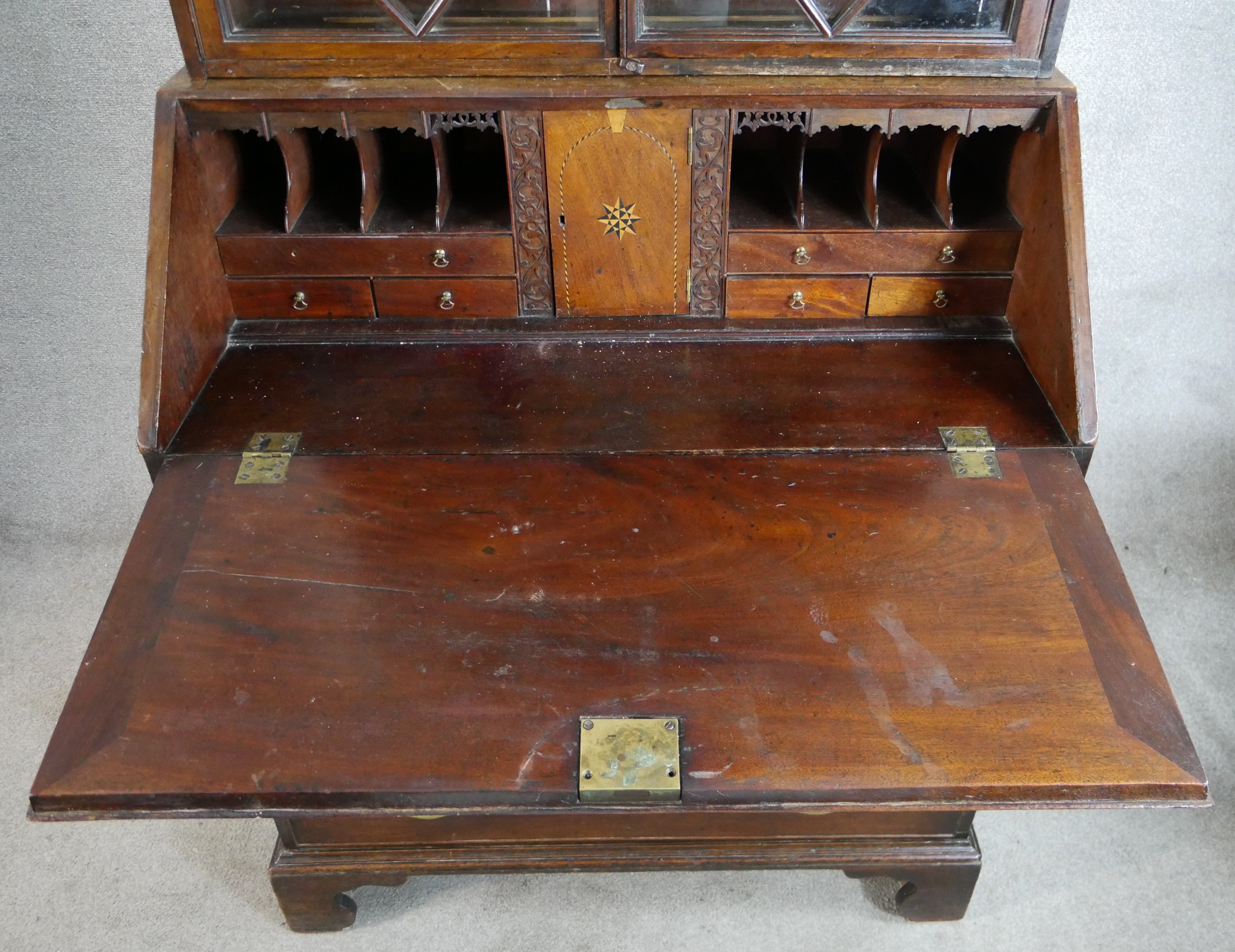 A George III mahogany bureau bookcase, the twin glazed doors opening to reveal adjustable shelves - Image 2 of 5