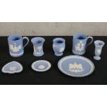 Eight pieces of 20th century Wedgwood Jasperware to include vases, plates and tankards. H.2 W.21 D.