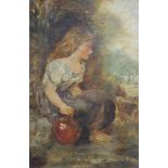 British school, (20th century), barefooted girl with stoneware jug, oil on canvas, initialled and