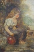 British school, (20th century), barefooted girl with stoneware jug, oil on canvas, initialled and