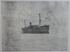 Unsigned framed pen and ink effect print of a boat on the water, framed together with a similar