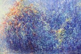 Unknown artist. Oil on canvas. Pointillist style painting of trees. Signed indistinctly to lower