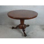 A William IV mahogany circular topped table raised on tapering octagonal column with carved supports