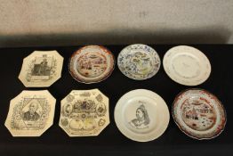 Eight assorted Victorian painted pottery plates, some of commemorative interest. Dia.28cm. (largest)