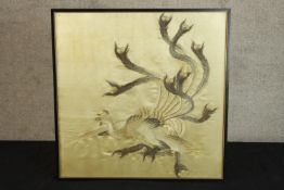 An early 20th century Japanese needlework embroidered silk thread peacock, framed. H.60 W.60cm.