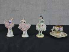 Three 20th century Continental porcelain female ballerinas to include Dresden together with a
