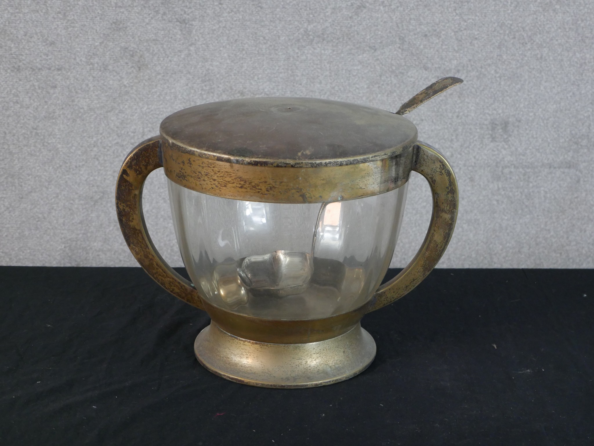 An Art Deco silver plate mounted twin handled glass punch bowl and ladle. H.17 W.38 D.28cm - Image 2 of 2