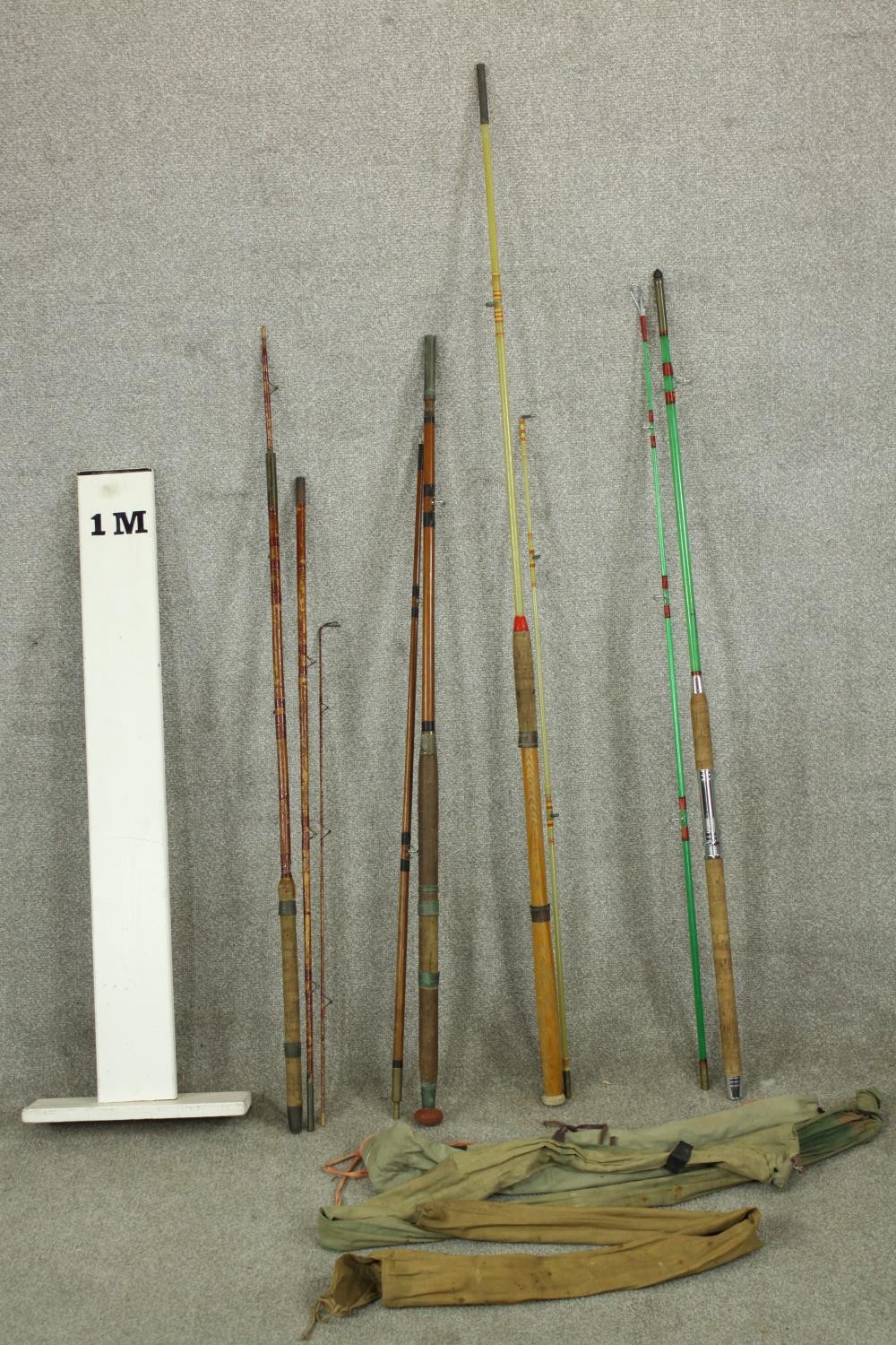 Two 20th century fibre glass fishing rods together with two early 20th century split cane fishing - Image 2 of 2