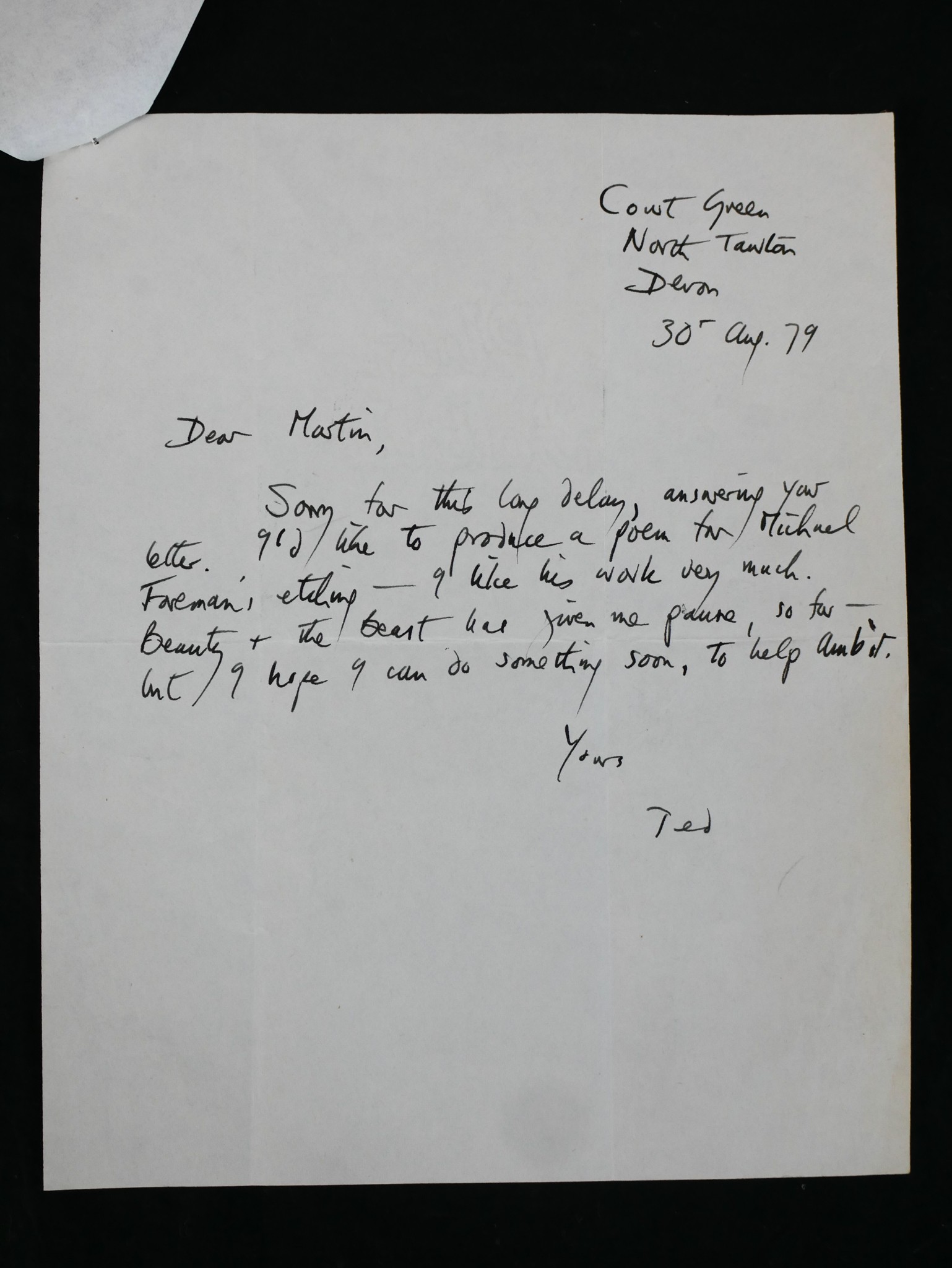 Ted Hughes 1930 ? 1998. A hand written letter from Ted Hughes to the ...