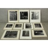 Ten unframed contemporary signed black and white photographs to include trees and interiors. (