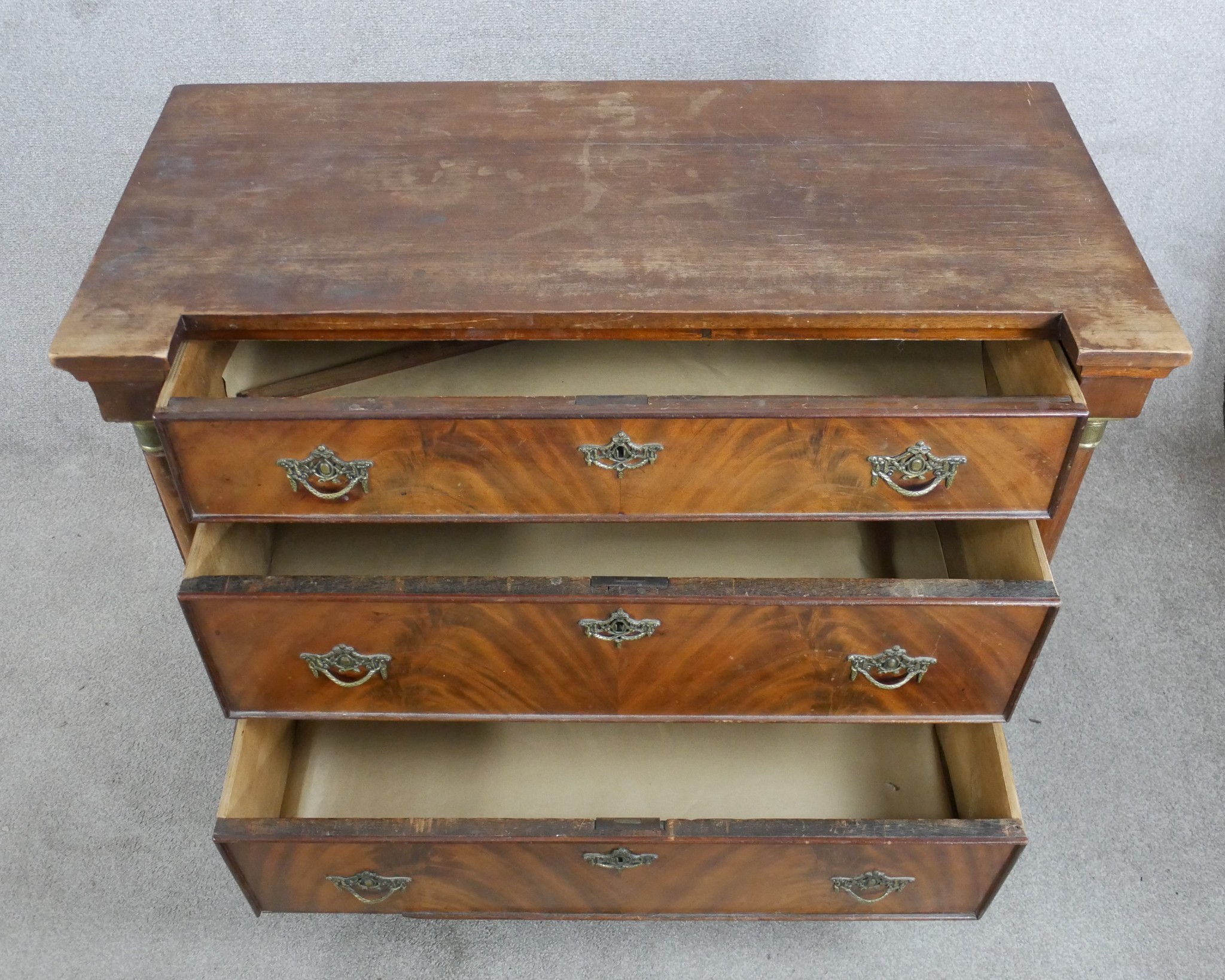 A 19th century mahogany chest of three long drawers, with brass swing handles, turned column - Image 4 of 5