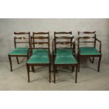 A set of six Regency style mahogany framed bar back dining chairs with green Dralon seats raised