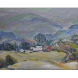 20th century, farm house and buildings at the foot of some hills, framed oil on canvas, unsigned.