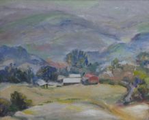 20th century, farm house and buildings at the foot of some hills, framed oil on canvas, unsigned.