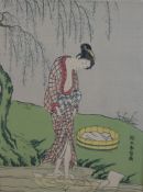 After Harunobu Suzuki (Japanese 1725-1770) beauty washing cloth in a stream, coloured woodblock