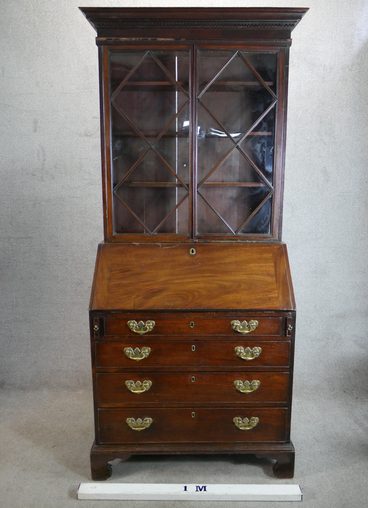 A George III mahogany bureau bookcase, the twin glazed doors opening to reveal adjustable shelves - Image 4 of 5