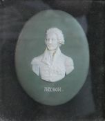 A 19th century Wedgwood Jasperware oval plaque depicting Nelson, moulted in a walnut frame. H.24 W.