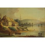 19th century British school, boats on a lake with white thatched cottage, framed unsigned