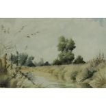 Peter Gill (British, 20th century), Soham Lode, framed and signed watercolour on paper. H.37 W.46cm.