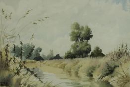 Peter Gill (British, 20th century), Soham Lode, framed and signed watercolour on paper. H.37 W.46cm.