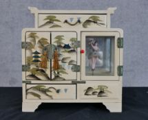 A 20th century Japanese style musical jewellery casket with ballerina and painted decoration, raised