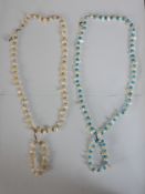 Two long blister pearl and crystal bead necklaces with matching bracelets. H.39cm