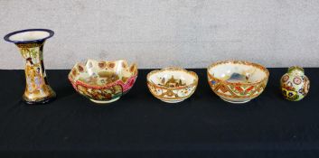 Five pieces of 20th century Japanese Satsuma porcelain comprised of three bowls, a ginger jar and