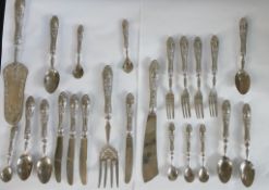 A part canteen of 800 grade silver handled flatware to include spoons, knives and servers. H.26cm