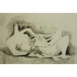 Henry Moore (British 1898-1986) Reclining Nude, a framed print on paper. H.89. W.109cm.