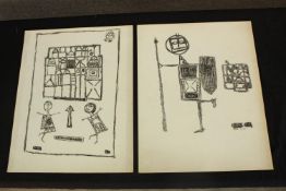 Two prints titled 'Happy Love' and 'Black Knight'. Signed 'Mac' and each dated 1962. Probably used