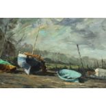 Mid century framed oil on canvas, boats moored on a beach, signed Robertson. H.50 W.64cm.