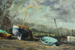 Mid century framed oil on canvas, boats moored on a beach, signed Robertson. H.50 W.64cm.