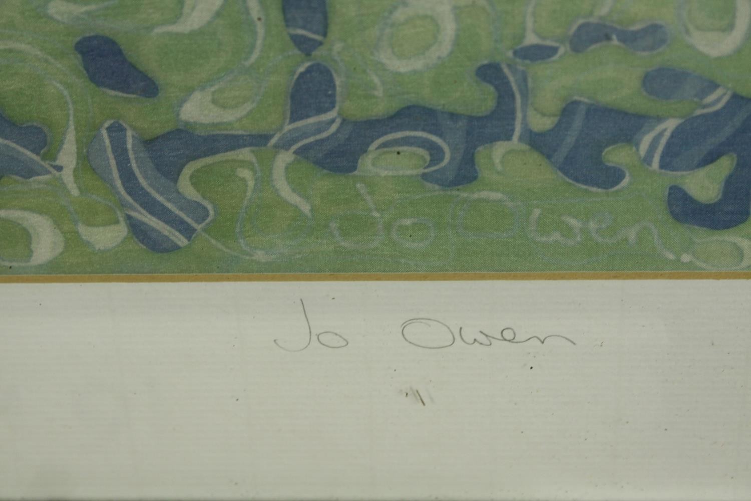 Jo Owen (Contemporary), abstract in greens and oranges, framed pencil signed watercolour on paper. - Image 3 of 5