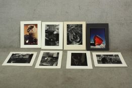 Eight photos unframed coloured and black and white photographs, all mounted and some pencil