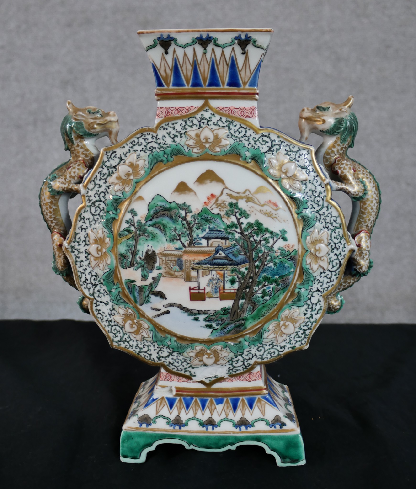 A decorative Chinese vase depicting a rural scene and two dragons as handles. With the artist's seal - Image 2 of 5