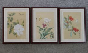A set of three early 20th century Chinese watercolours on silk of various flowers to include