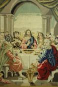 Unknown artist, embroidery needlework. Biblical scene showing The Last Supper. Framed and glazed.