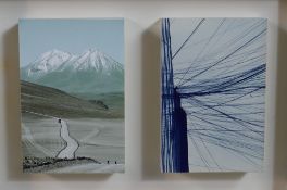 Unknown artist. surreal style diptych showing rural and urban scenes. Float mounted in a white box